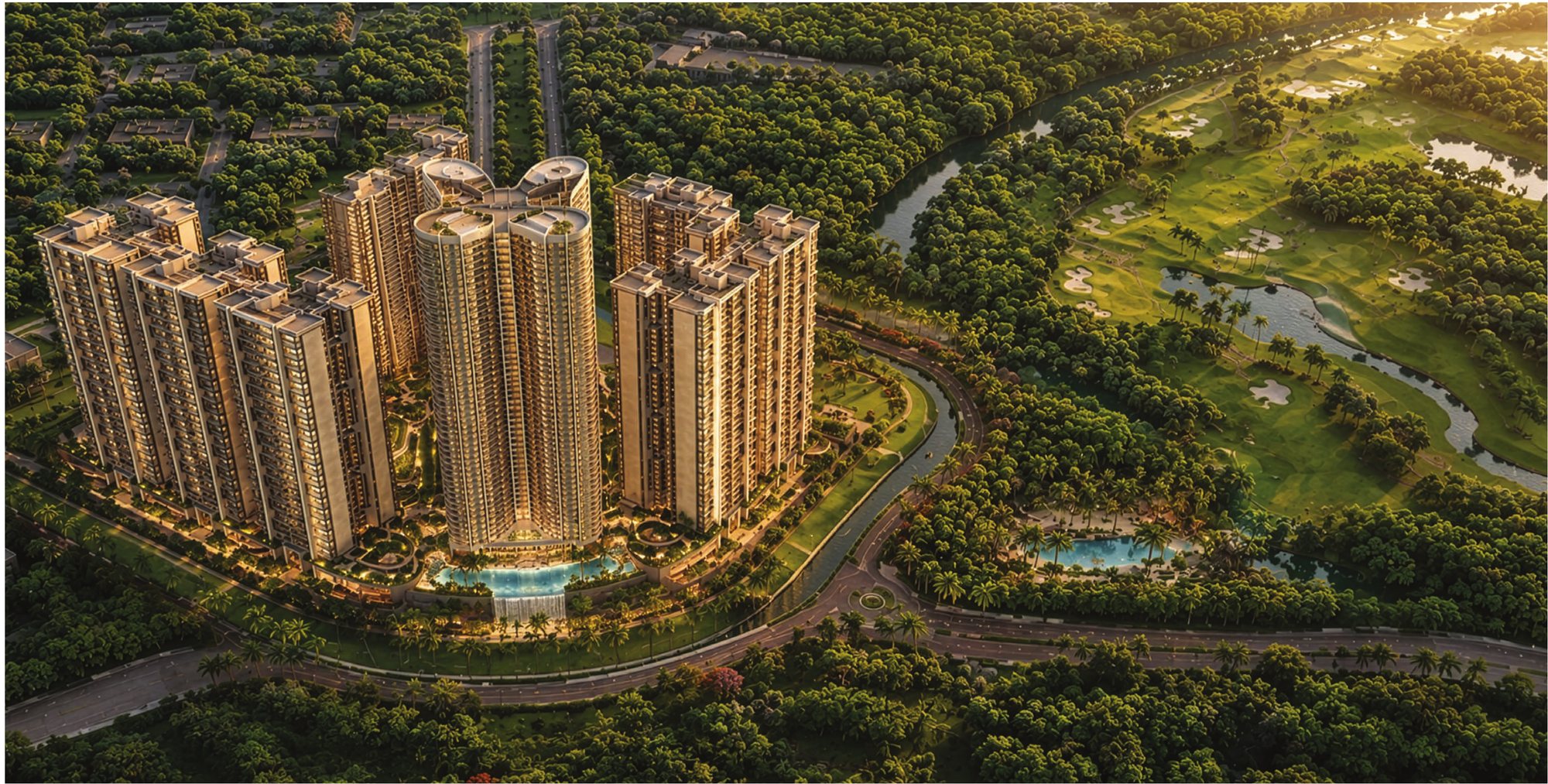 Aerial view of Bootes Aliva towers rising beside the greens of Aspire Leisure Valley at golden hour