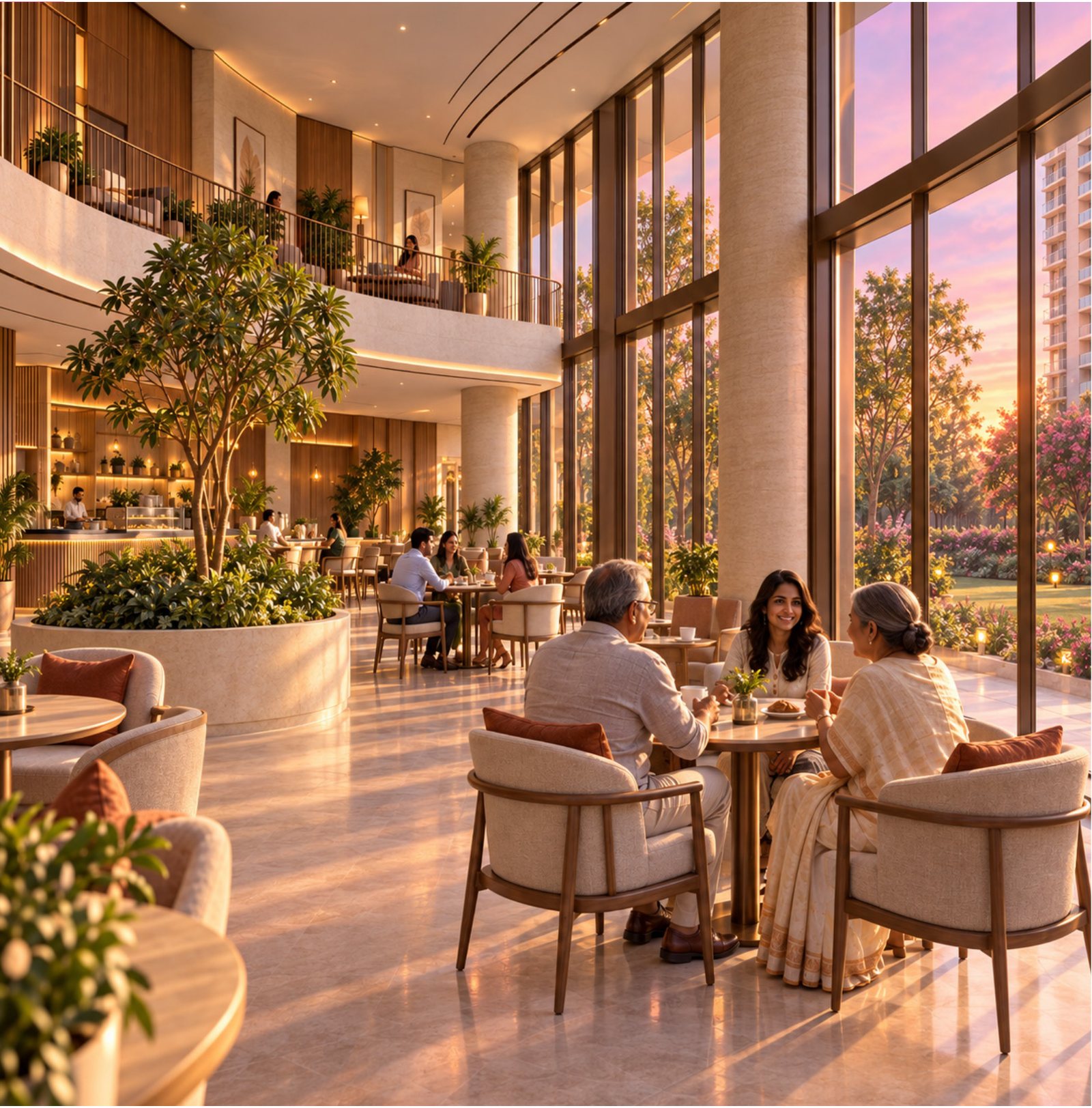 Residents meeting over coffee in the double-height café