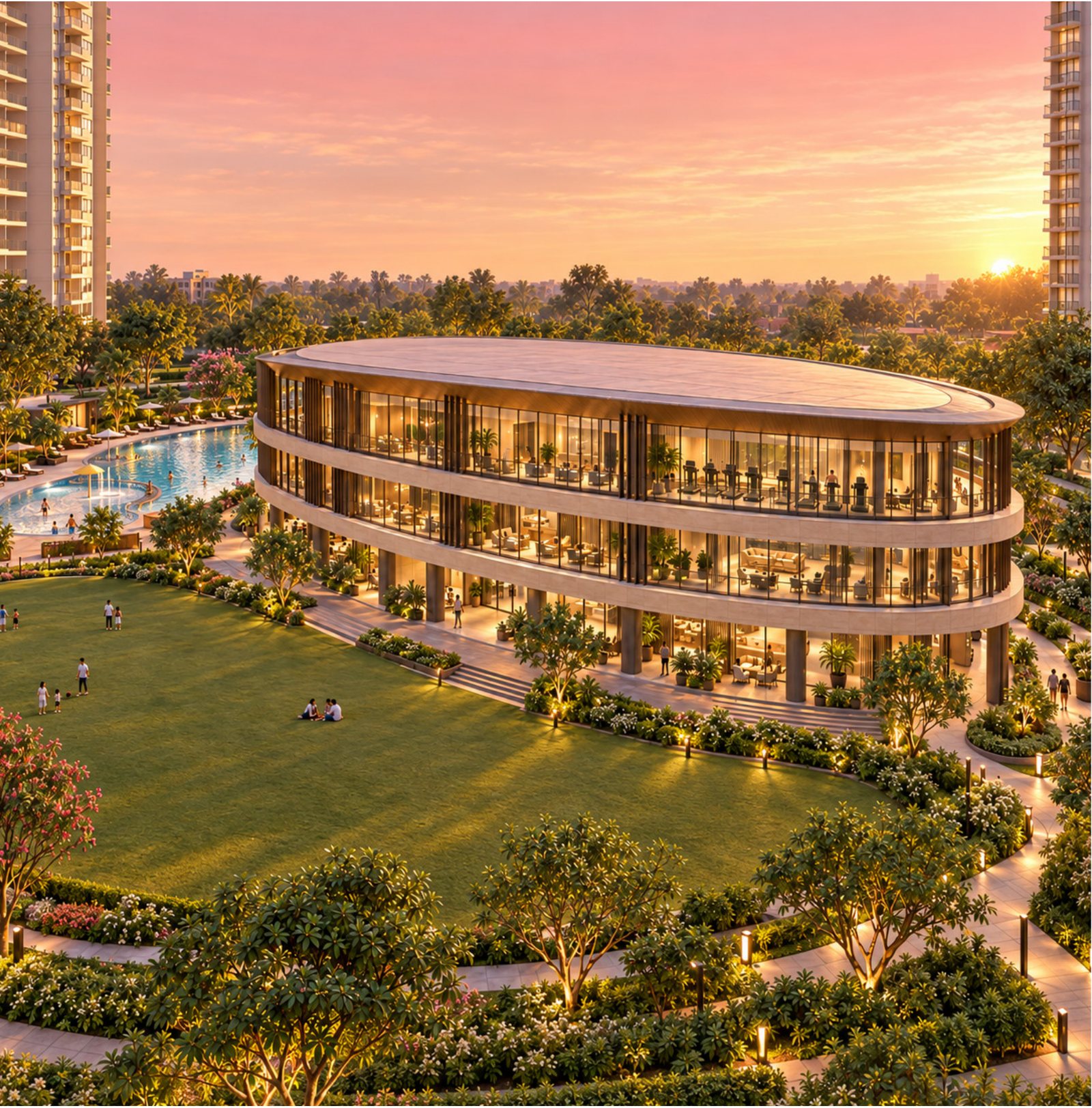 The oval clubhouse set within the central greens beside the swimming pool