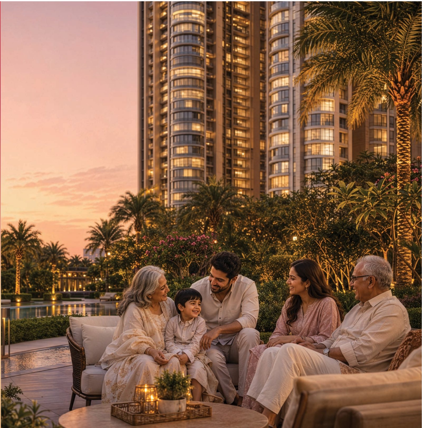 Three generations sharing an evening on a landscaped terrace beneath the towers