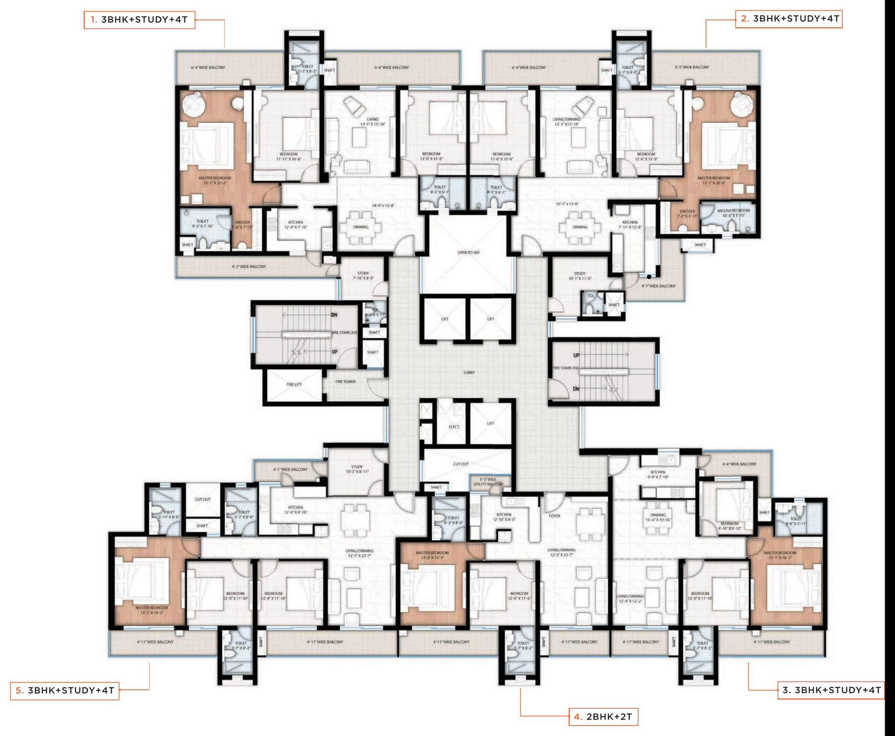 Typical floor cluster plan showing five homes around a central lift and stair core
