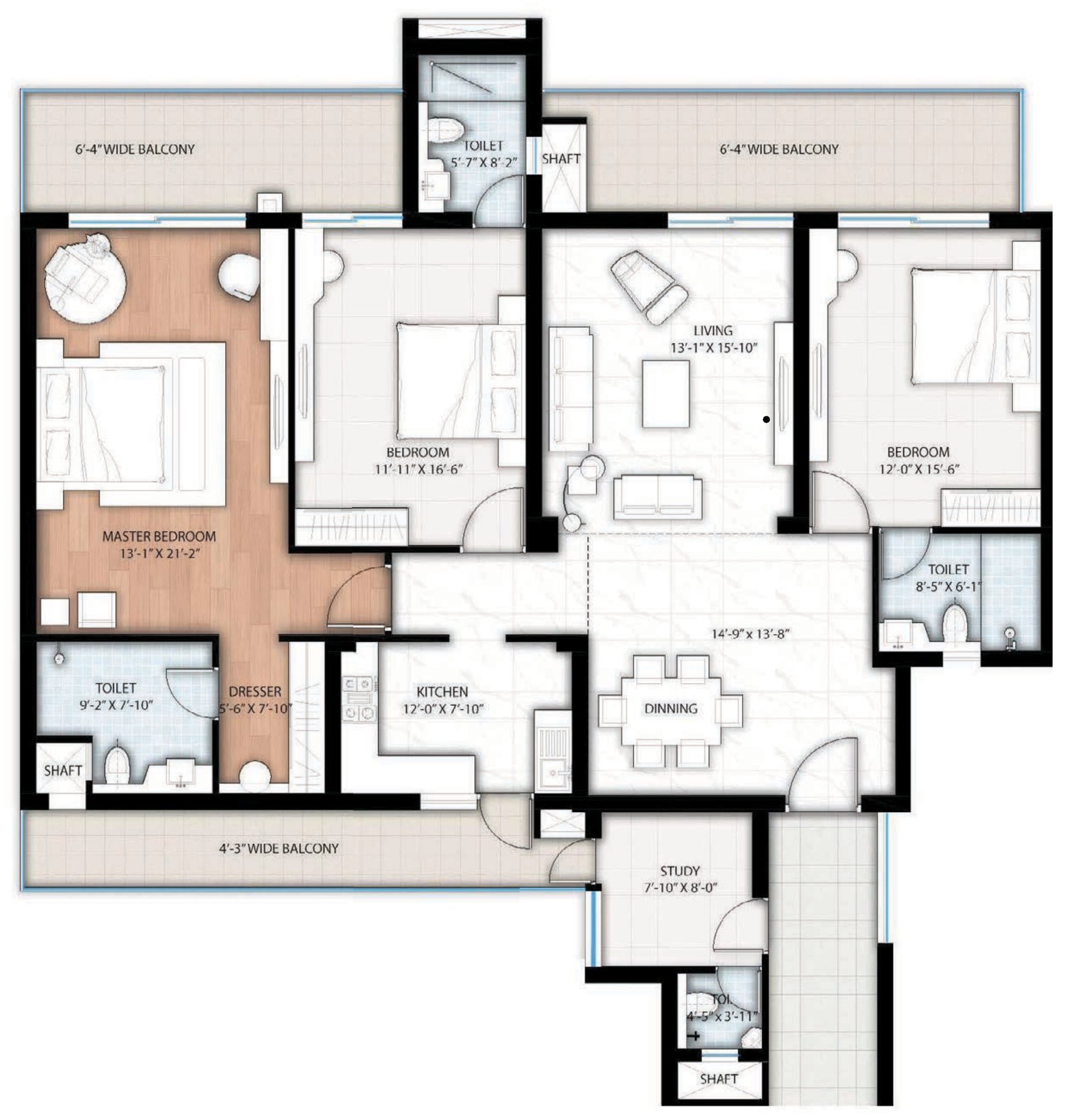 Floor plan of Type 1, a 3 BHK plus study plus 4 toilet home at Bootes Aliva