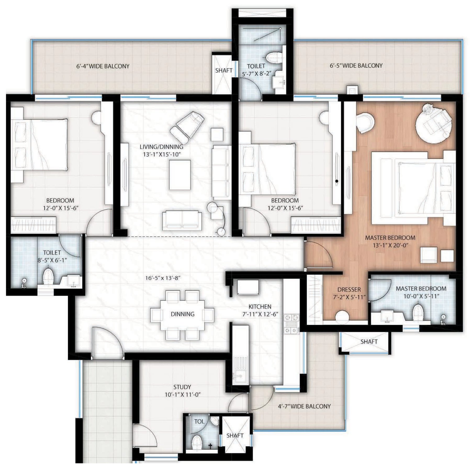 Floor plan of Type 2, a 3 BHK plus study plus 4 toilet home at Bootes Aliva