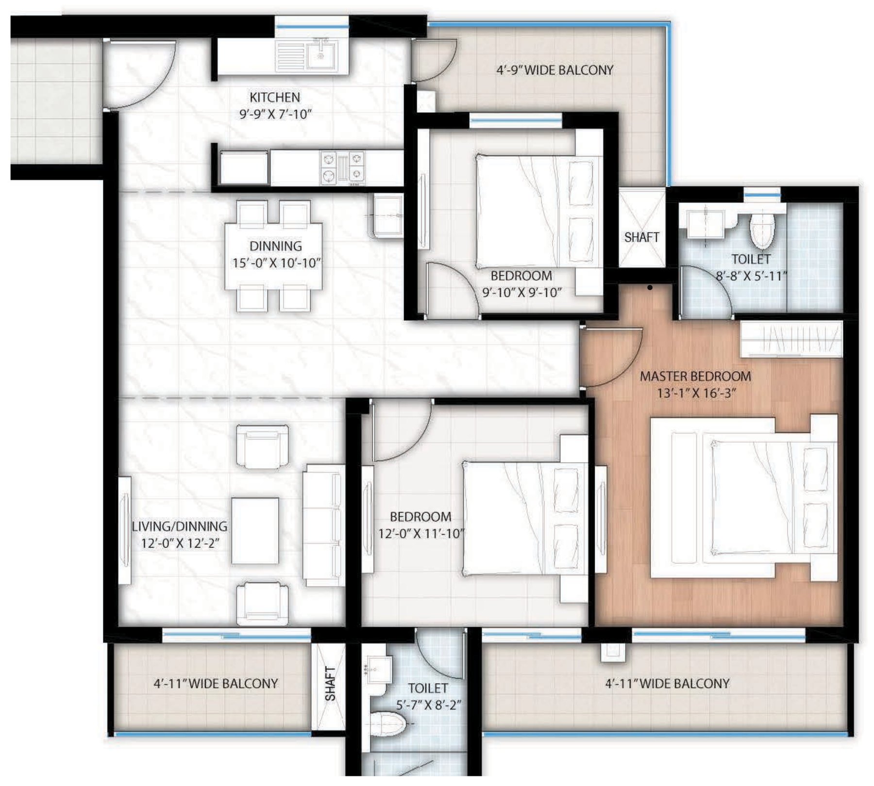 Floor plan of Type 3, a 3 BHK plus 2 toilet home at Bootes Aliva