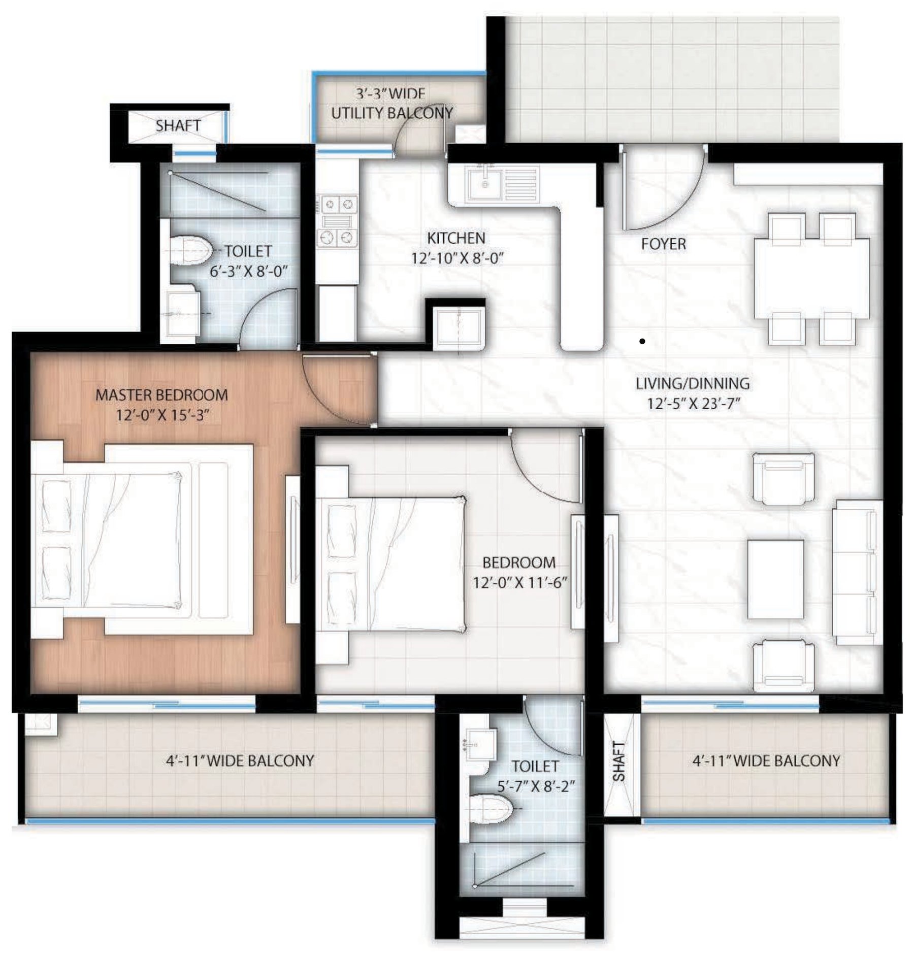 Floor plan of Type 4, a 2 BHK plus 2 toilet home at Bootes Aliva