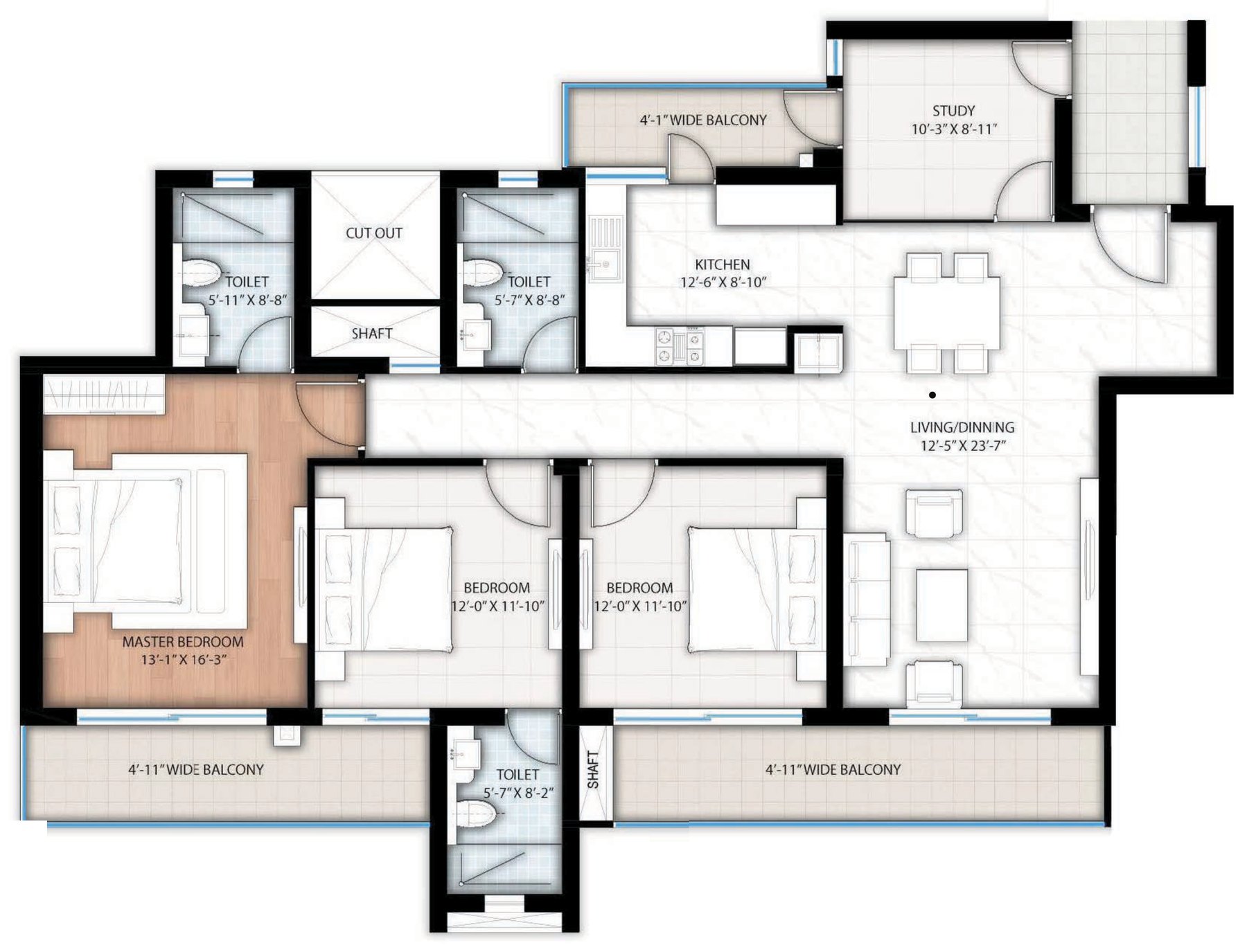Floor plan of Type 5, a 3 BHK plus study plus 3 toilet home at Bootes Aliva