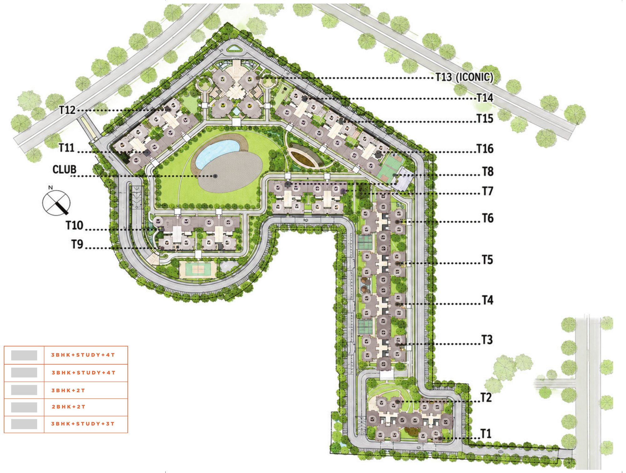 Aspire Leisure Valley master site plan with the clubhouse, pool lawn, central greens, sports courts and landscaped gardens