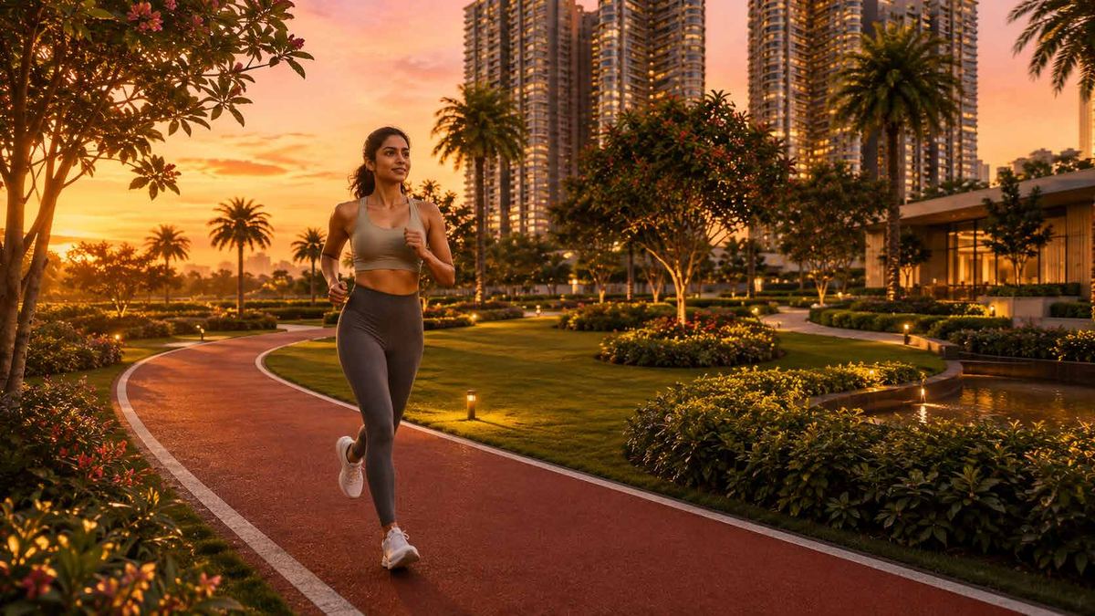 Resident jogging on the running track at sunset