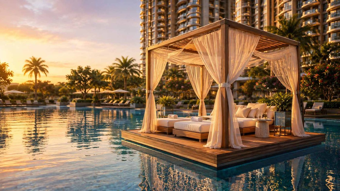 Floating cabana on the pool at sunset