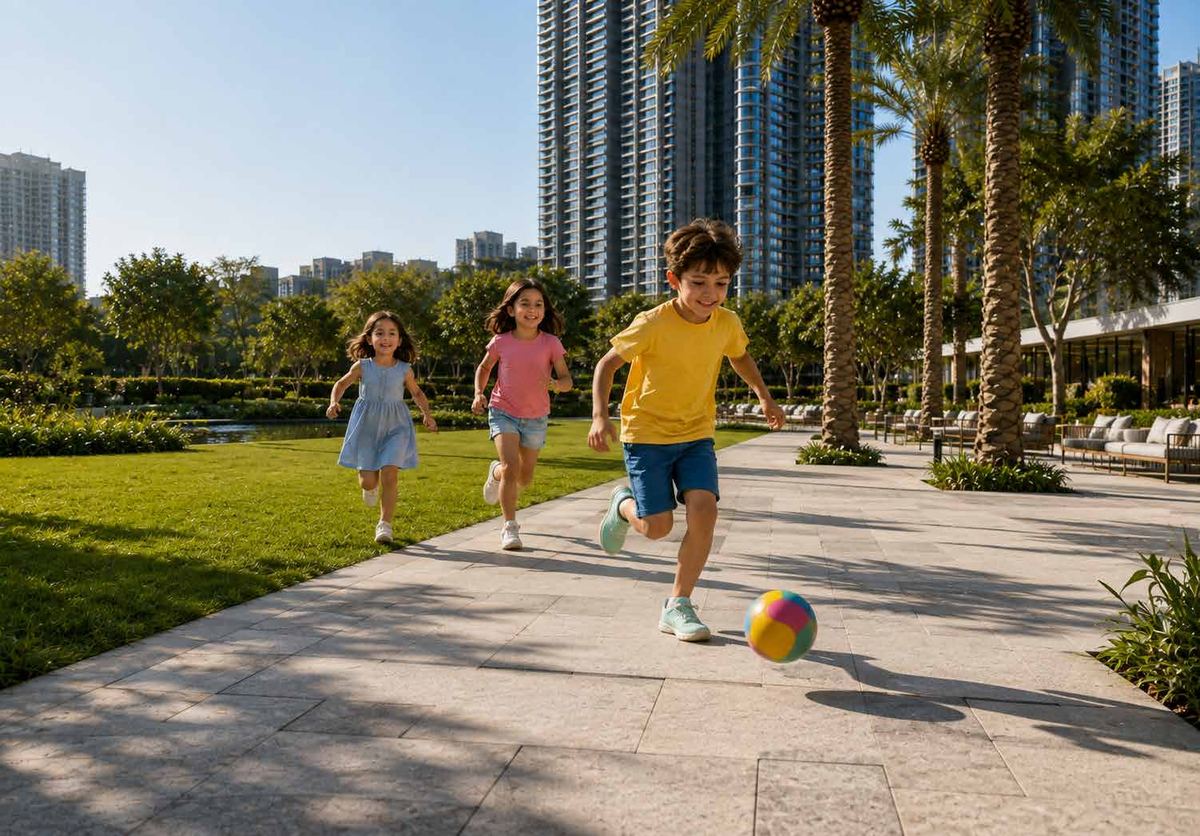 Children running along a garden path lined with palms
