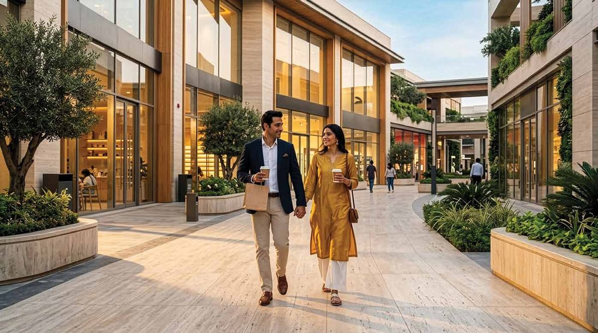 A couple walking through the landscaped outdoor retail promenade at Golden I mall