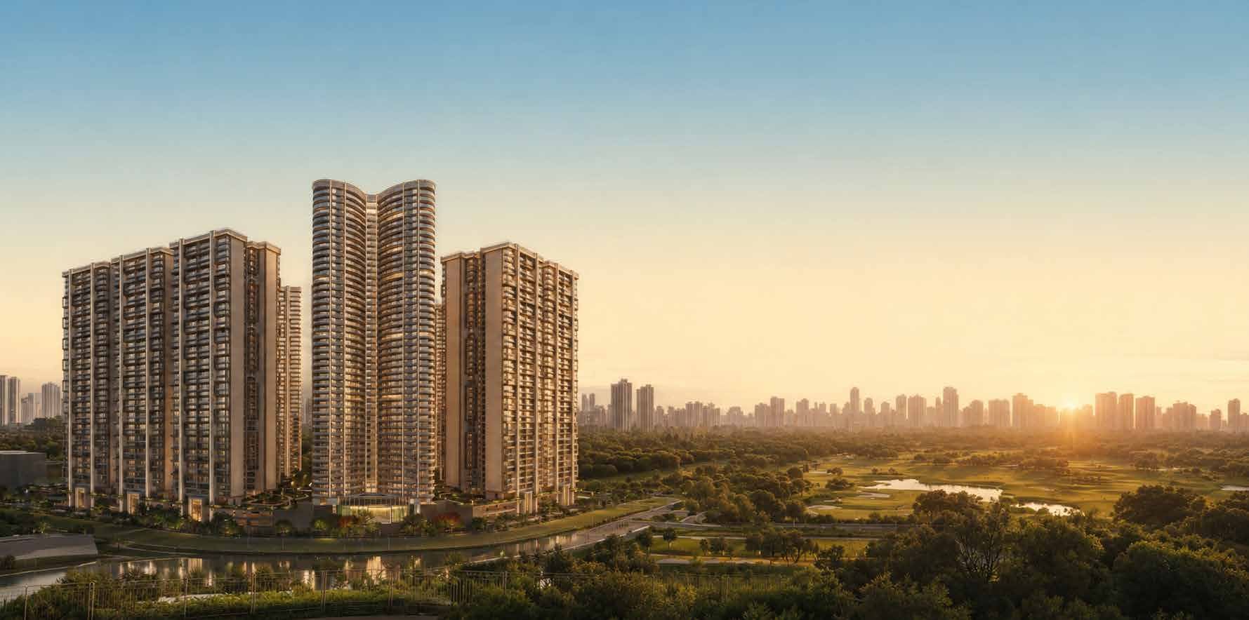 Bootes Aliva twin towers at golden hour, overlooking the Noida golf course and skyline